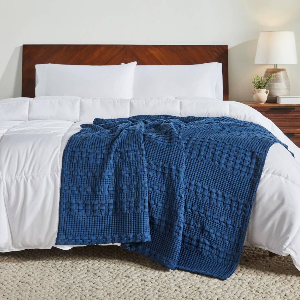 Navy Blue Waffle Weave Throw Blanket