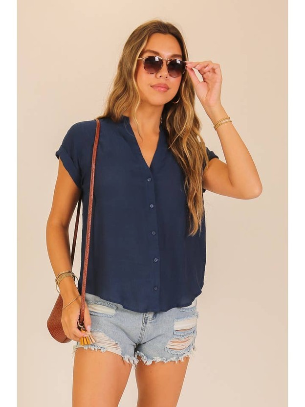 TTR Textured Gauze Button-Front Hi-Low Hem Blouse