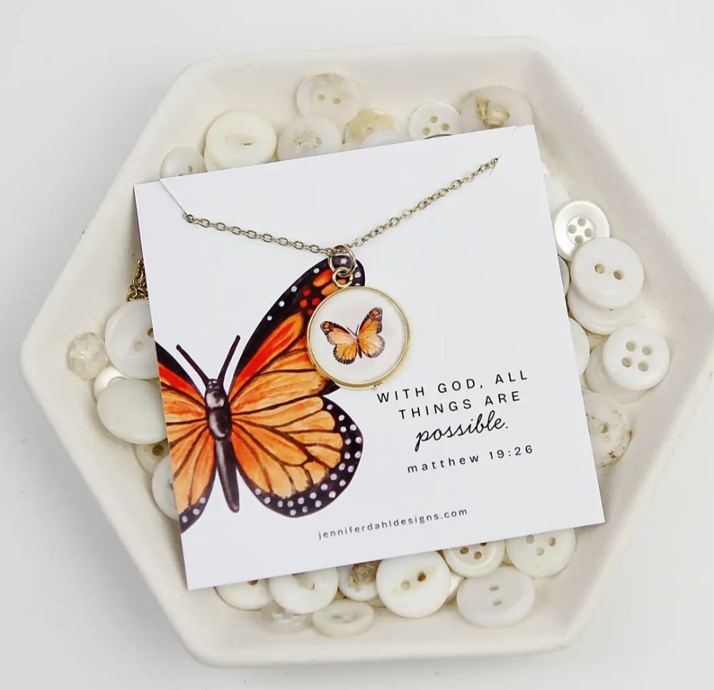 JET - Watercolor Monarch Butterfly Scripture Necklace