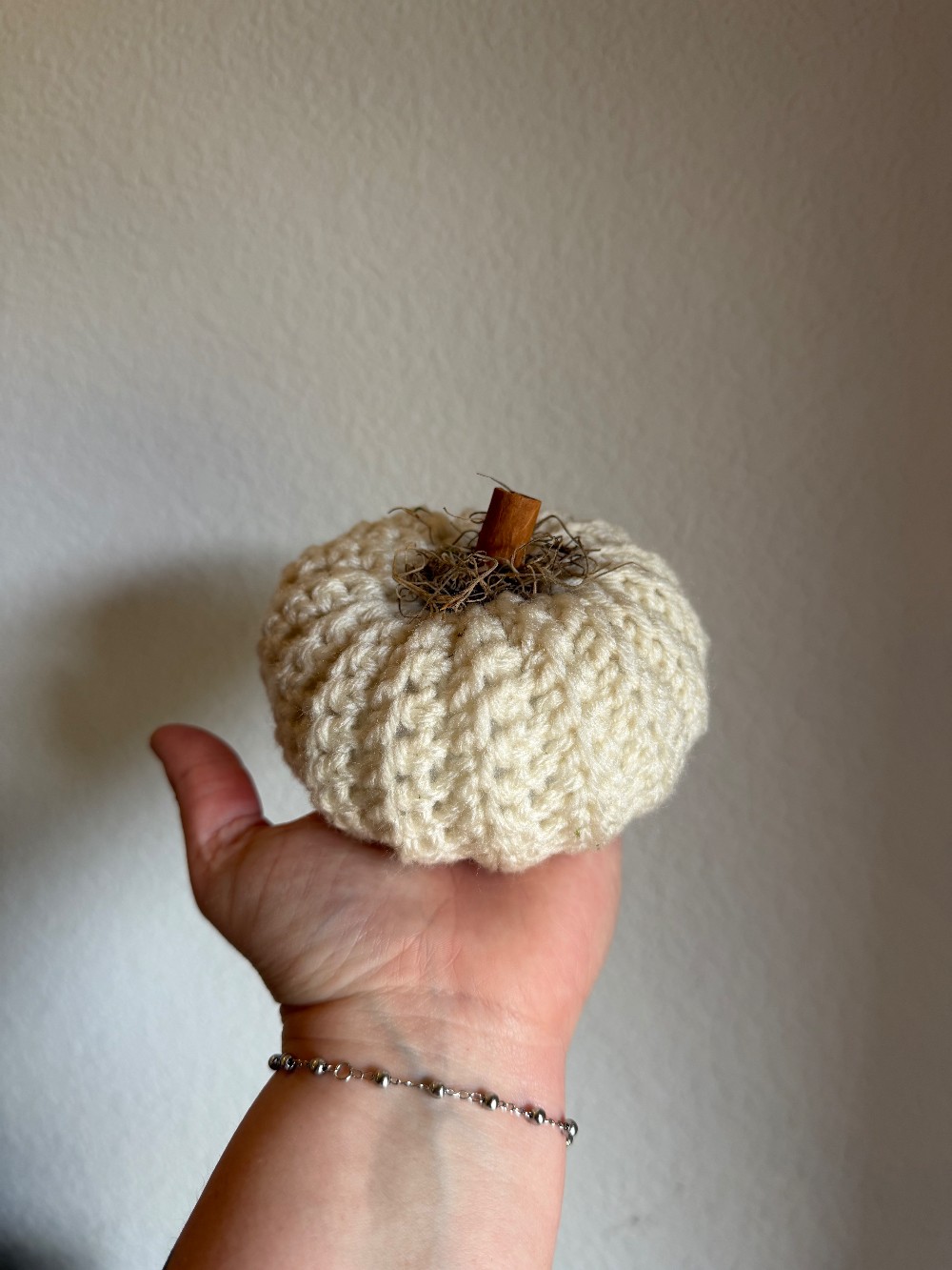 ADA White Crocheted Pumpkin w/ Cinnamon Stick Stem