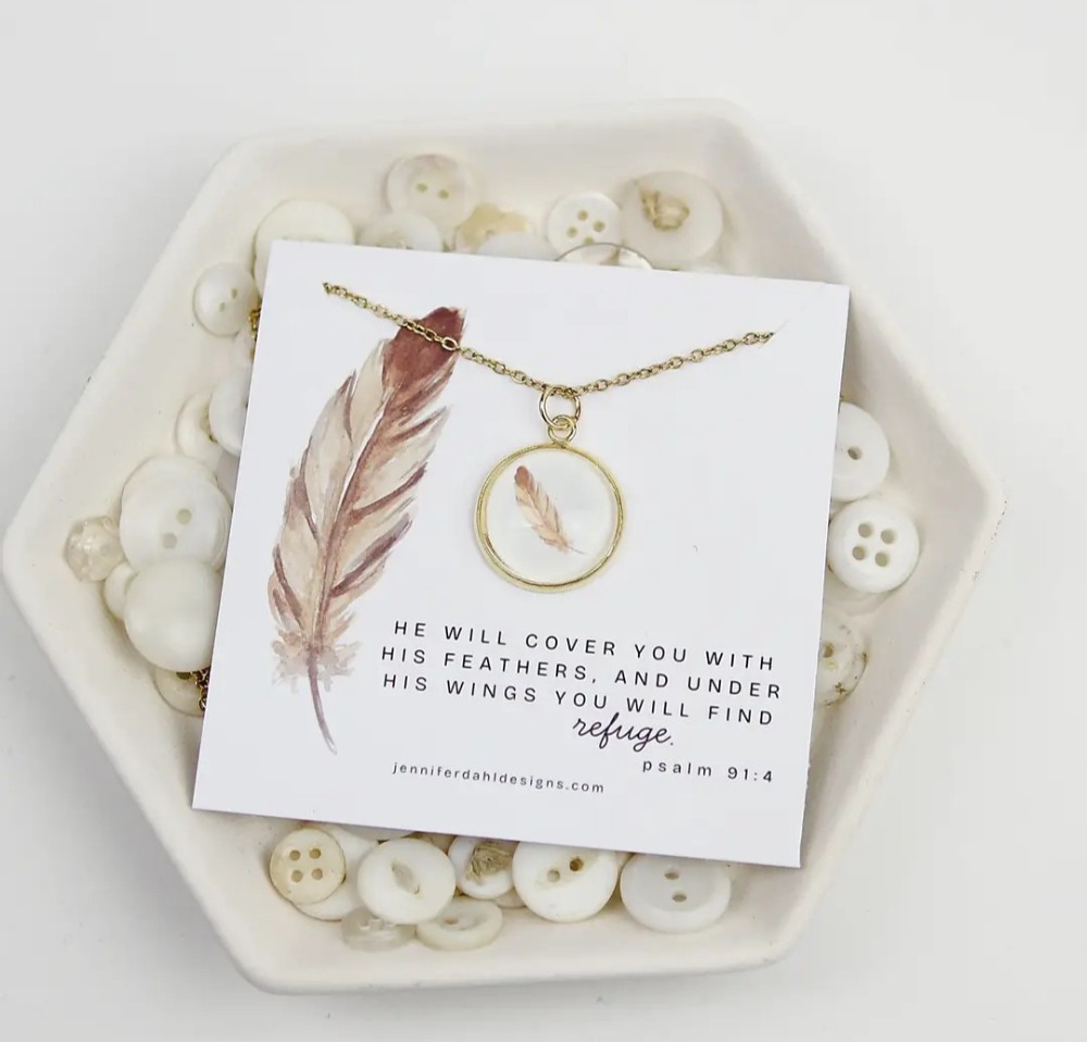 JET - Under His Wings Watercolor Feather Scripture Necklace