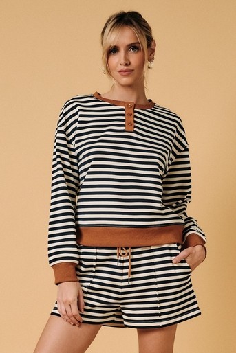 TTR Henley Neck Long Sleeve Contrast Detail Stripe Sweatshirt