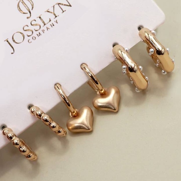 TTR Heart Drop Pearl Studed Hoop Trio Earrings