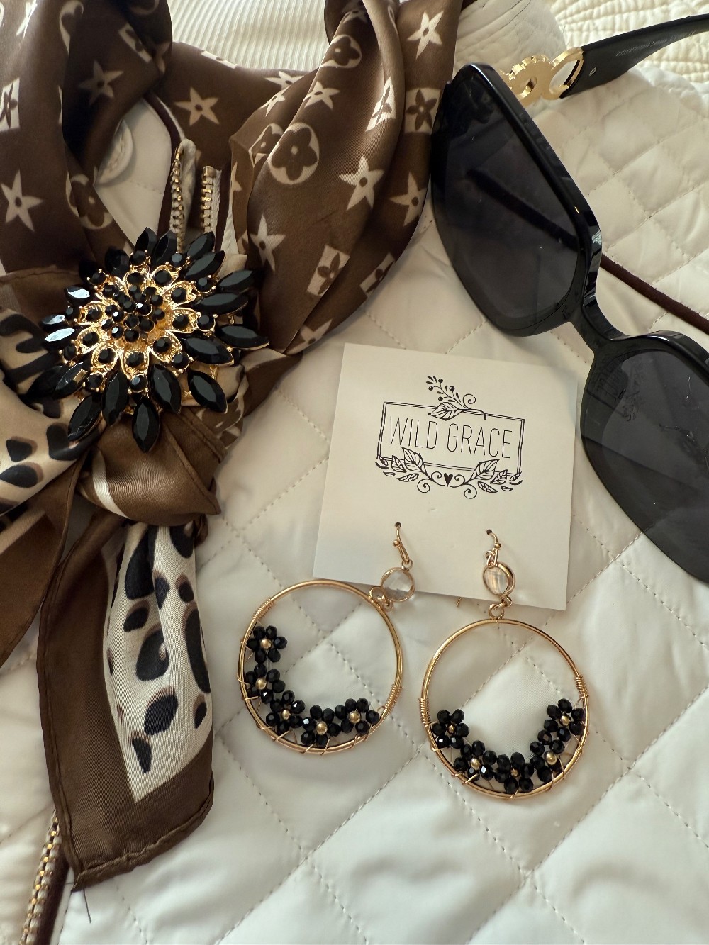 WGM Wild Grace Black Bead Flower Open Gold Circle Earrings