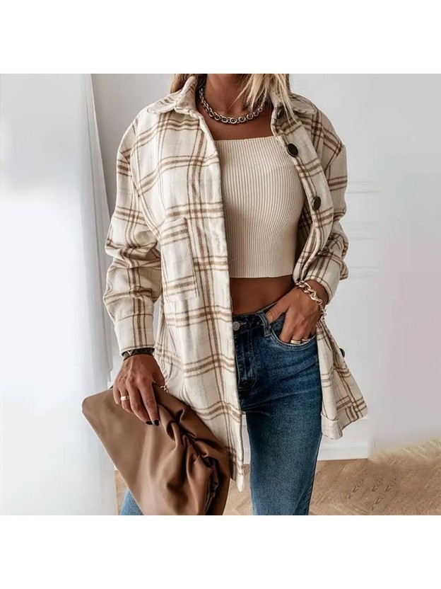 RMR - Mid-Length Apricot Plaid Woolen Shacket