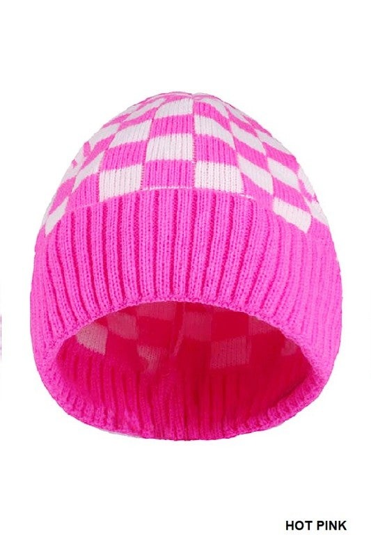 Checkered pattern beanie (hot pink)