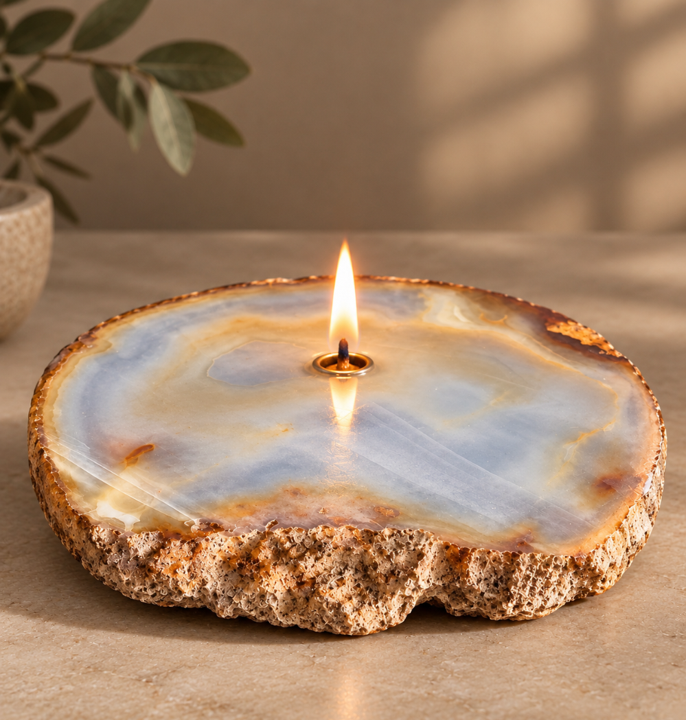 Large Single-Wick Rough Agate Rocklight Oil Lamp