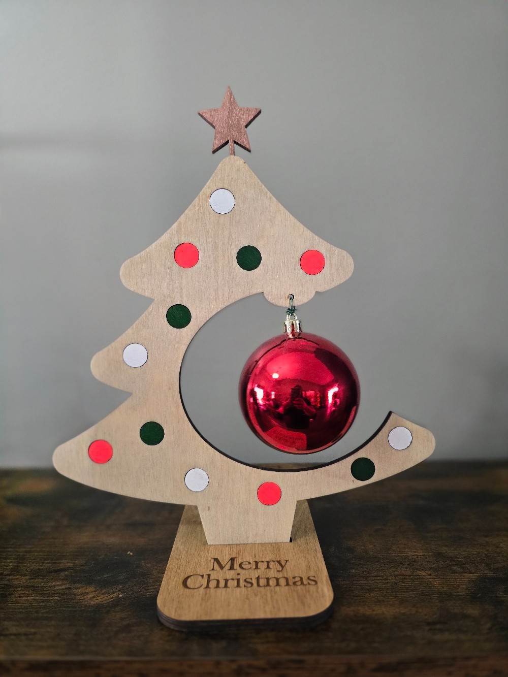 Wooden Christmas Tree with Red Ornament