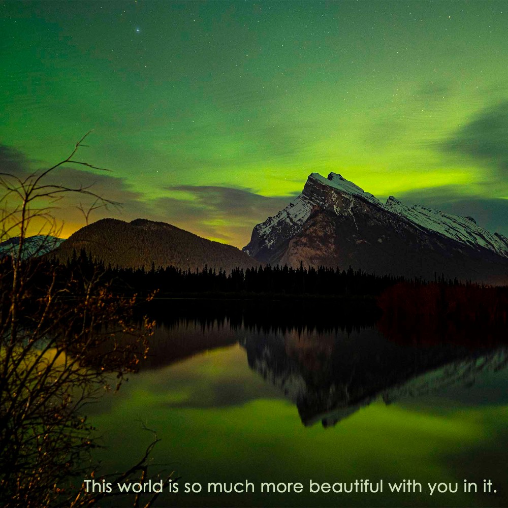 Photo Art Cards on Metal Green northern lights over Rundle Mtn