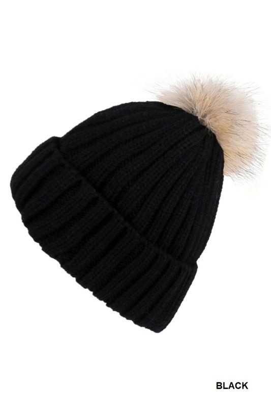 Ribbed knitted pom pom beanie (black)