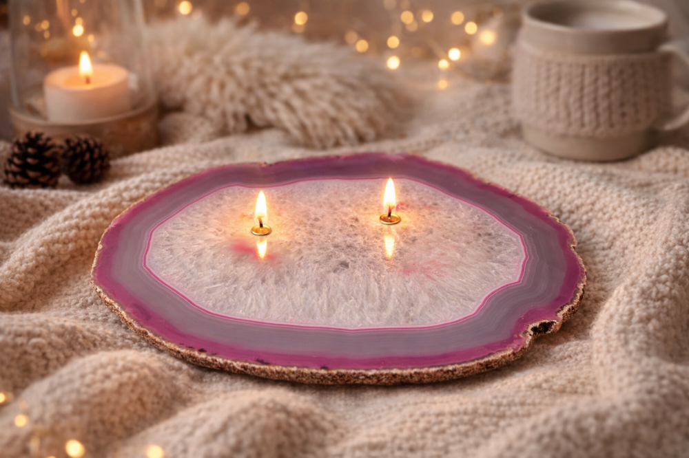 Double-Wick Pink Agate & Quartz Rocklight Oil Lamp