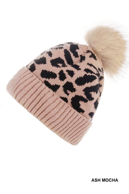 Leopard pattern knit pom pom beanie (Ash mocha)