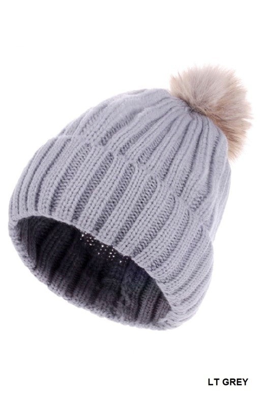 Knitted pom pom beanie (grey)