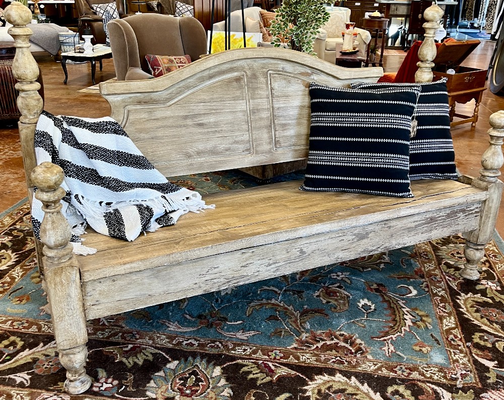 Solid Wood Distressed 4 Post Carved Back Bench 78