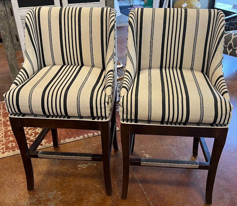 Pair of Navy / Tan Striped Swivel Counter Stools 21w 20d 38.5h