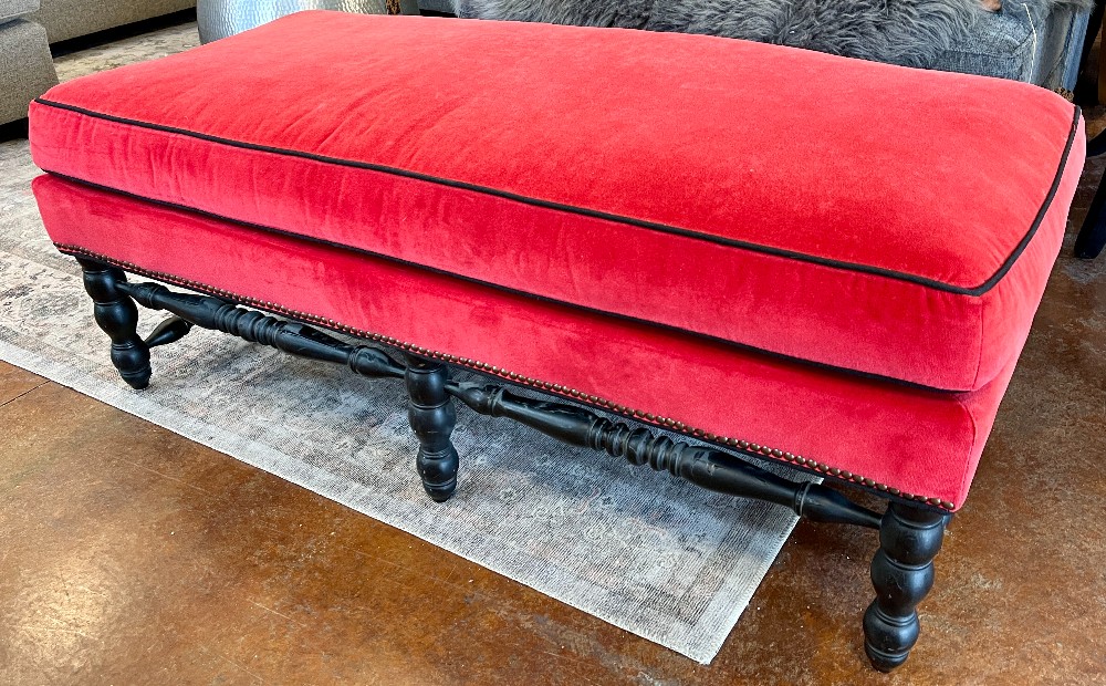 Drexel Heritage Red & Black Velvet Bench w/ Nailhead Trim