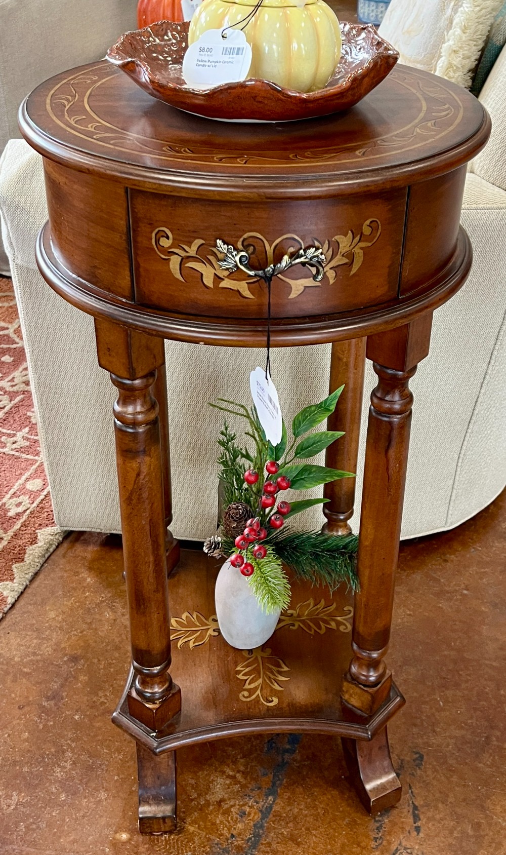 Small Round Entry Table w/ Drawer & Shelf 16.5w 31h