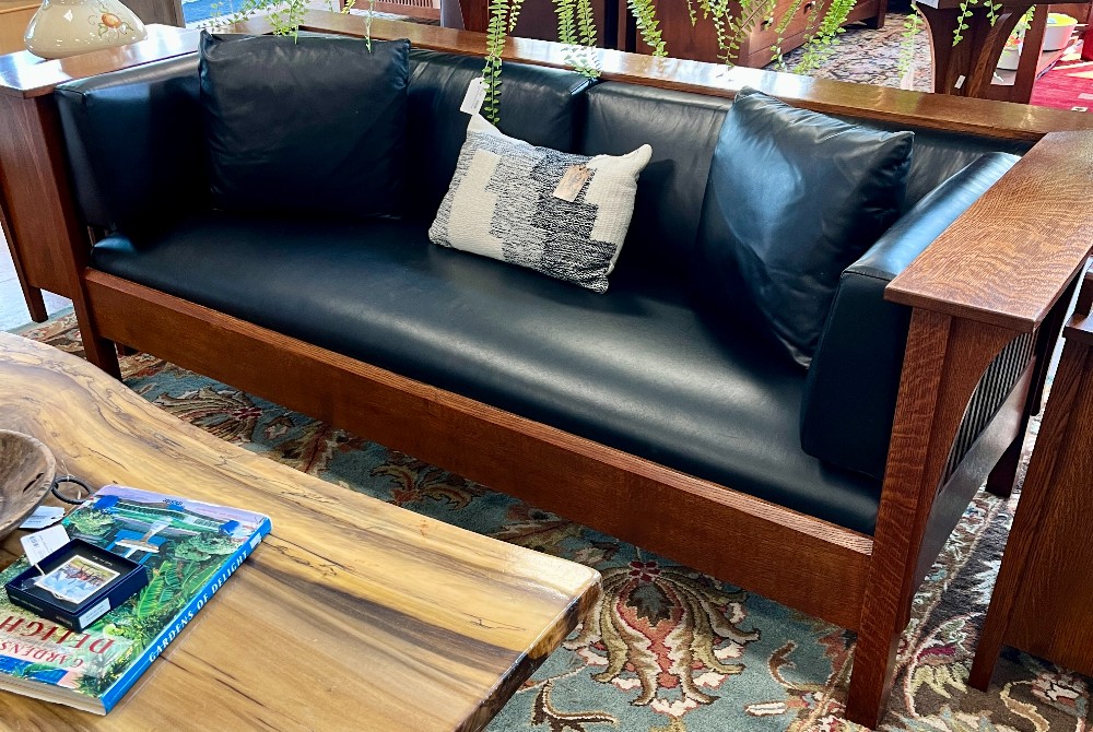 Stickley Black Leather Mission Wood Frame Sofa 84.5w 37d 29h