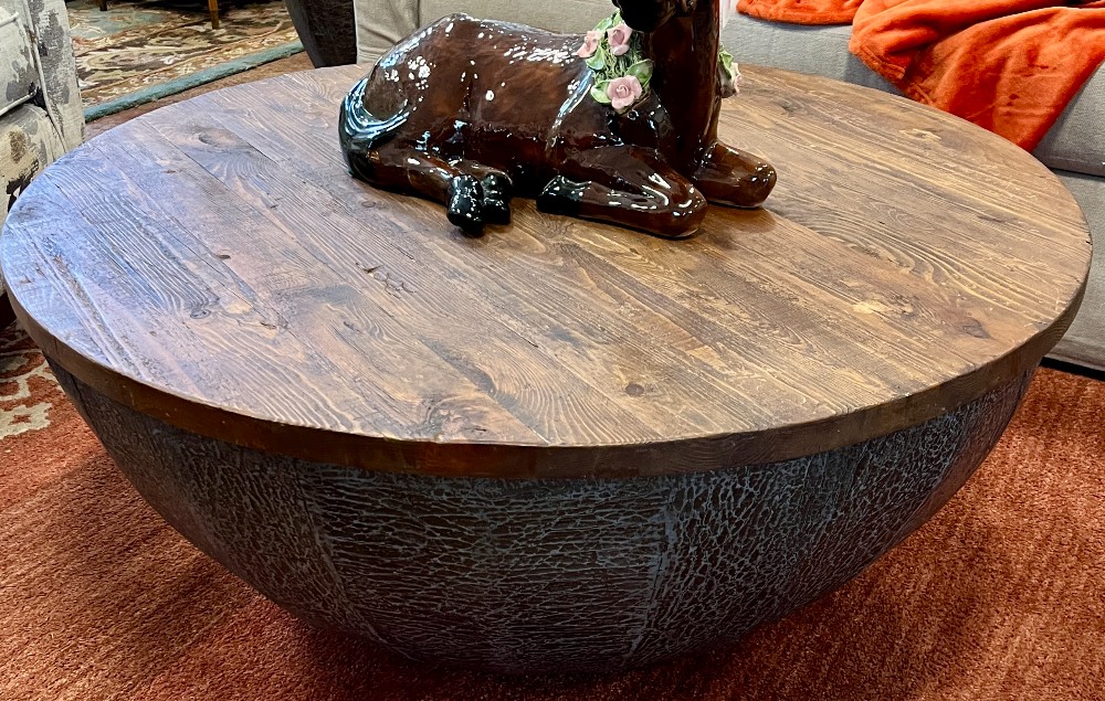 Drum Wood Top Coffee Table w/ Bark Look Sides 41.5w 17.5h