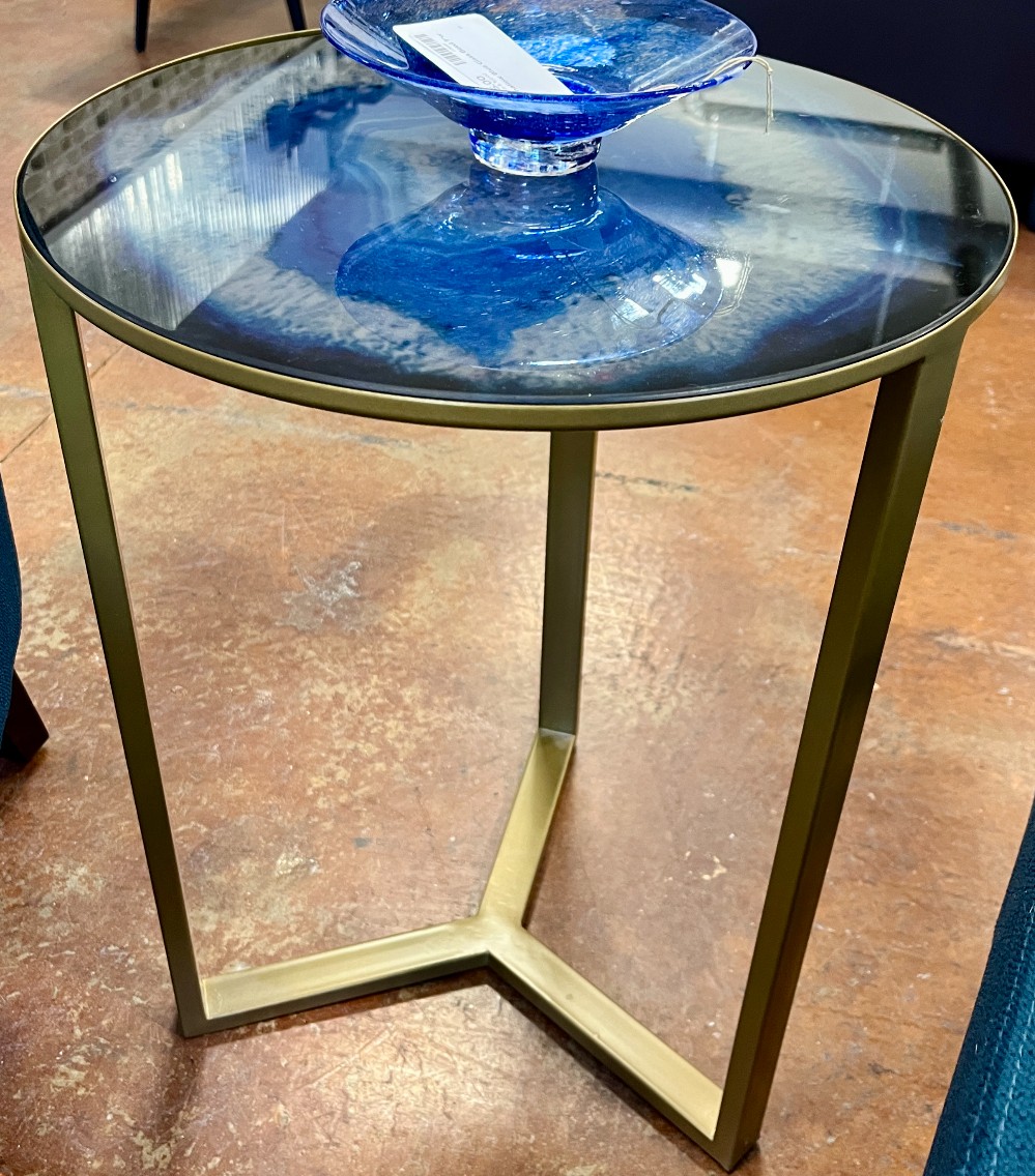 Round Glass Top Side Table w/ Blue Stone Image 16w 23h