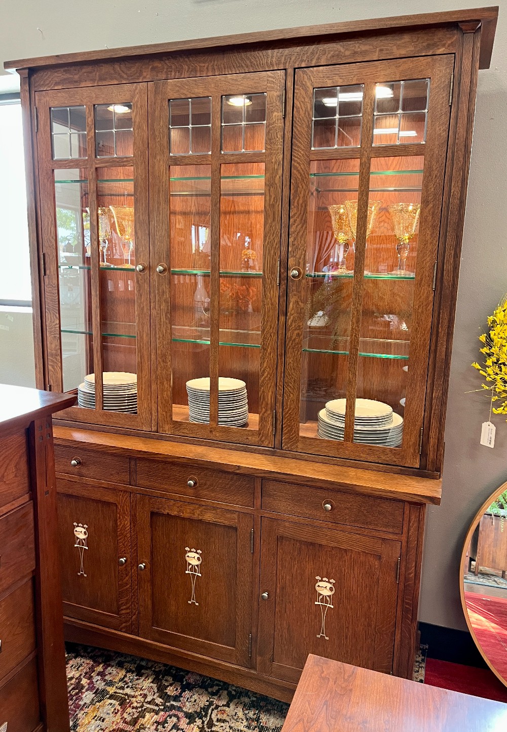 Stickley Harvey Ellis Wood Inlay Lighted Hutch / Buffet