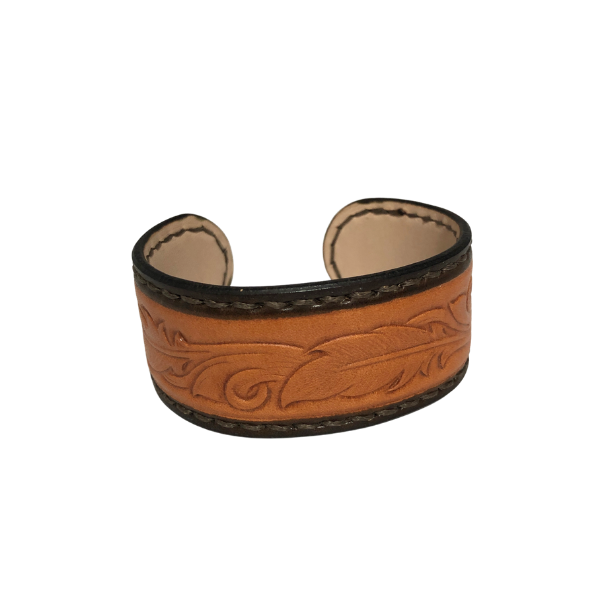 Unique Hand Carved Feather Design Leather Cuff Bracelet - Adjustable