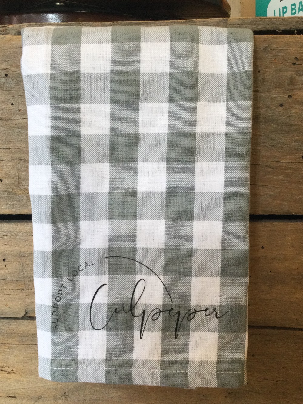 Tea Towel - Support Local Cursive Grey Plaid