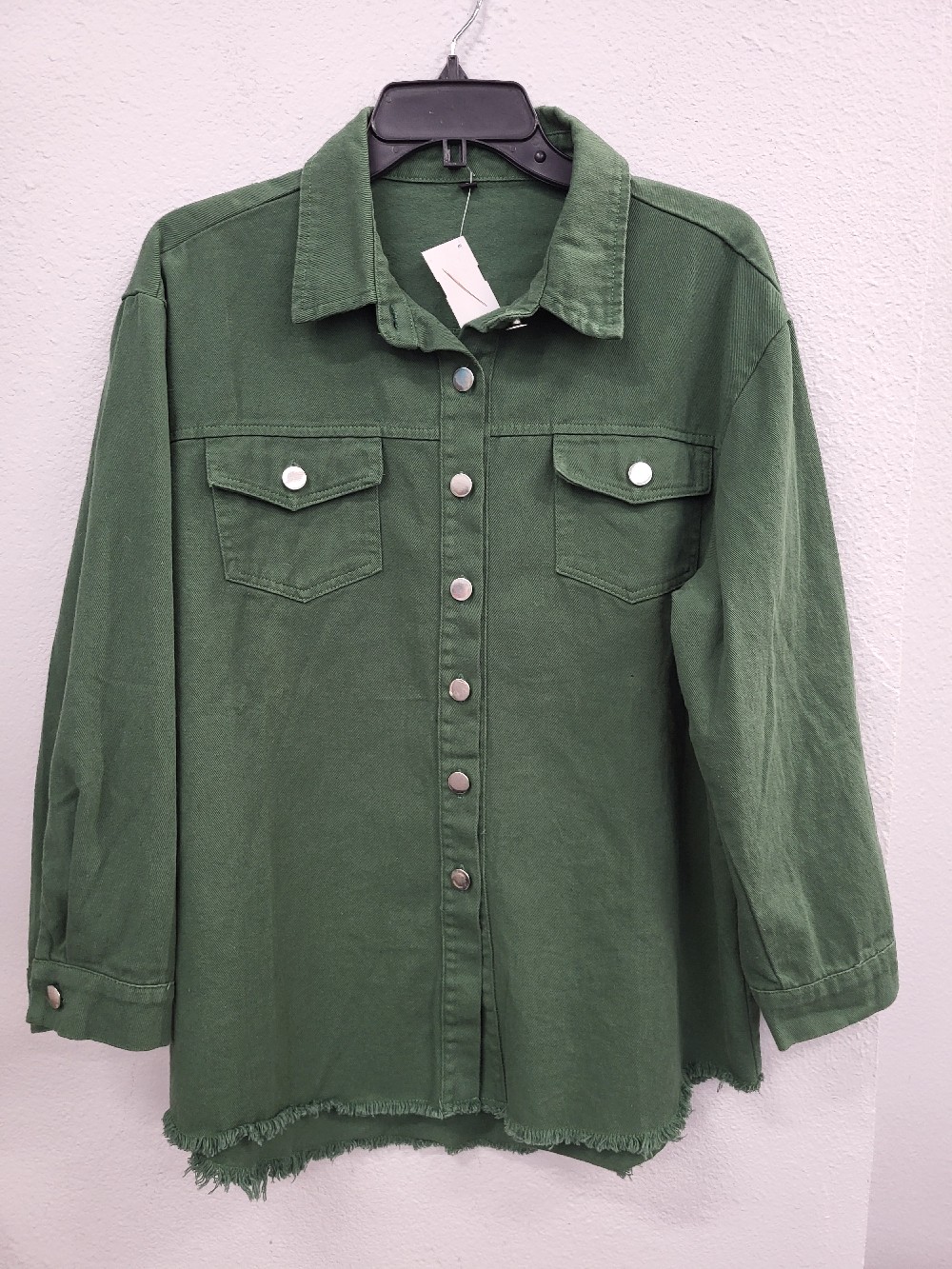 Distressed Hem Denim Shaket, Small