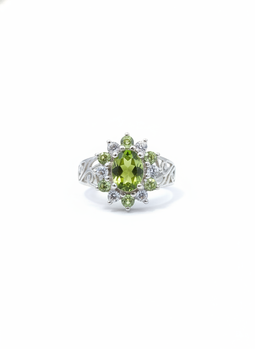 Vintage Peridot &White Zircon Halo Cluster 925 Sterling Silver Ring