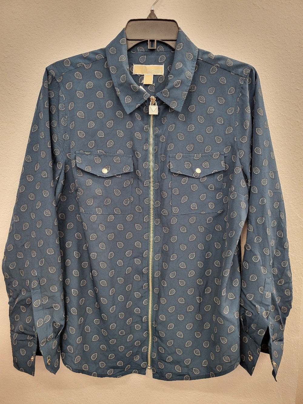 Michael Kors Pattern Print Front Zip LS Top, Large
