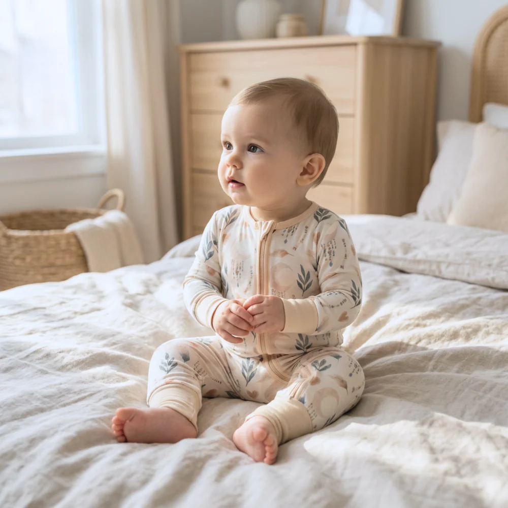picture of a baby sitting in a bedroom