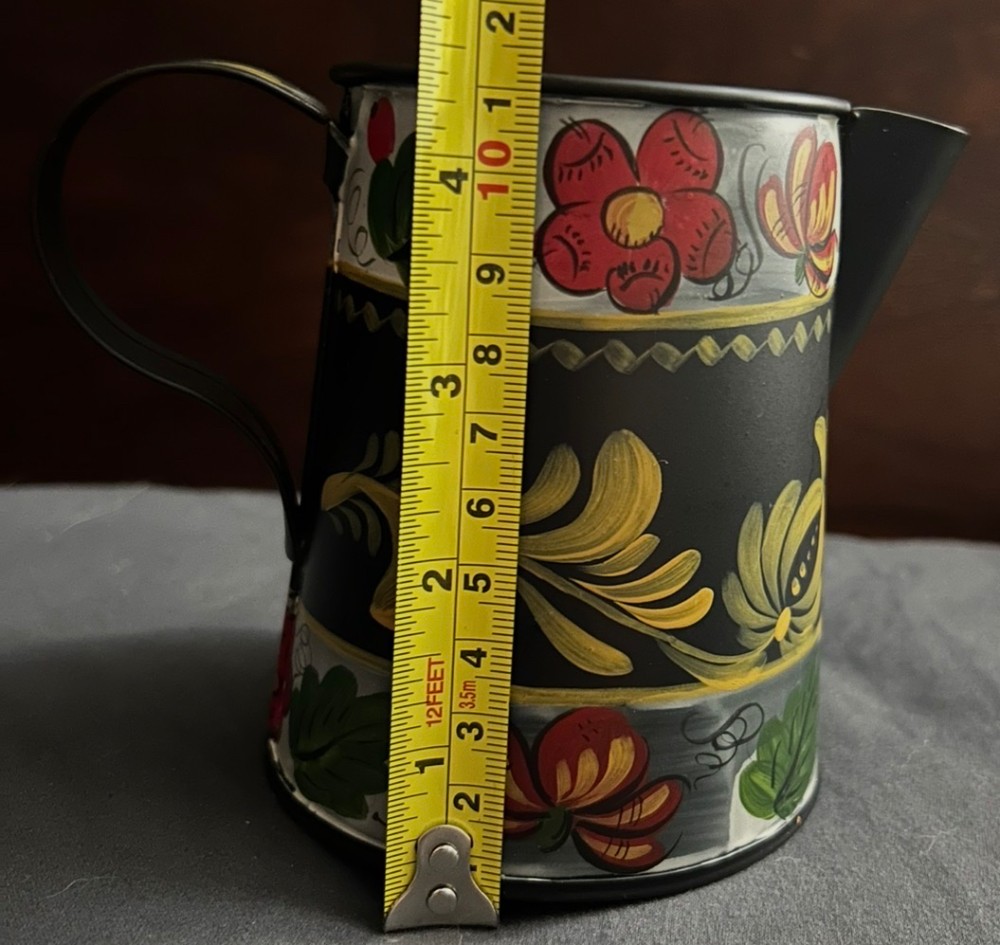 Toleware hand painted folk art floral metal pitcher
