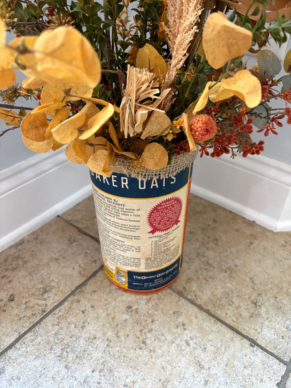 Vintage Quaker Oats container with Fall Florals