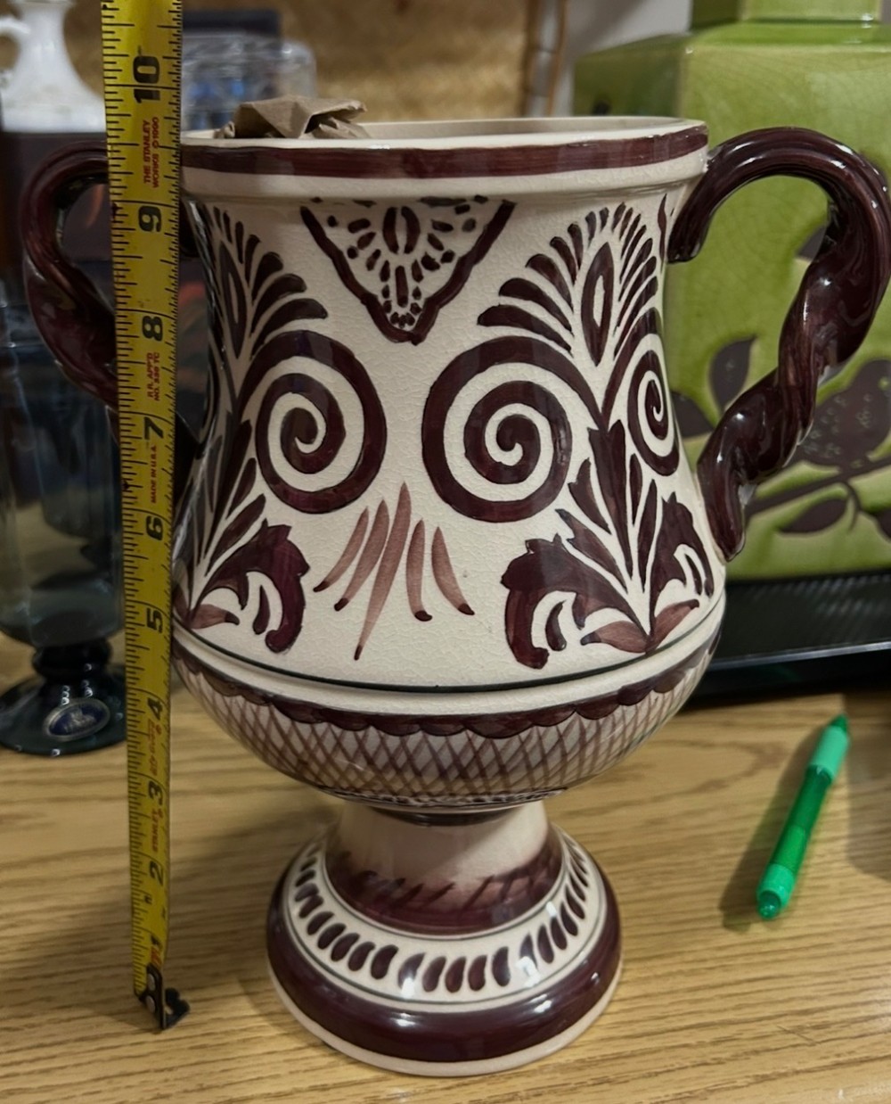 Cyprus Moses vase folk art with two handles cream and brown design