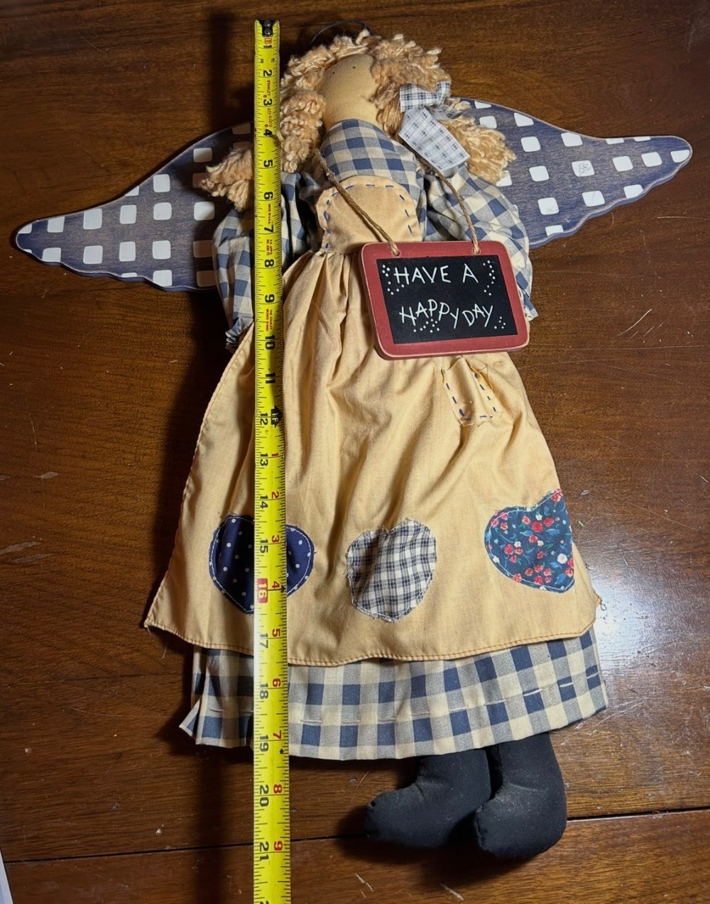 Handmade primitive angel fabric doll with Happy Day sign
