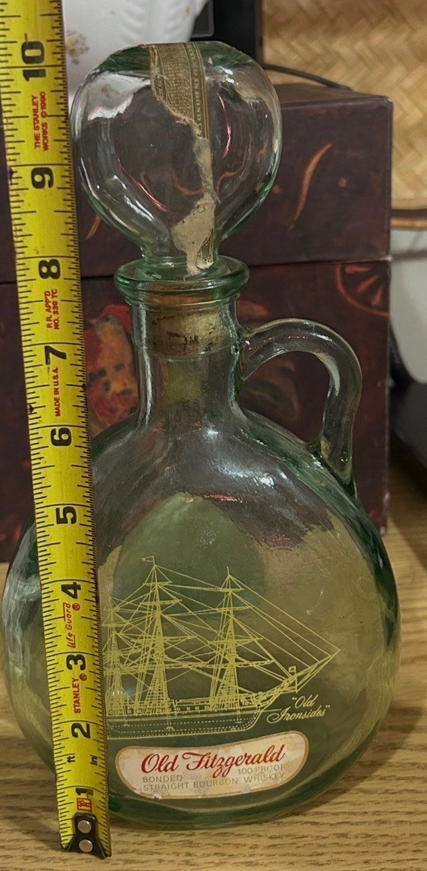 Vintage old Fitzgerald “Old Ironsides” green glass decanter