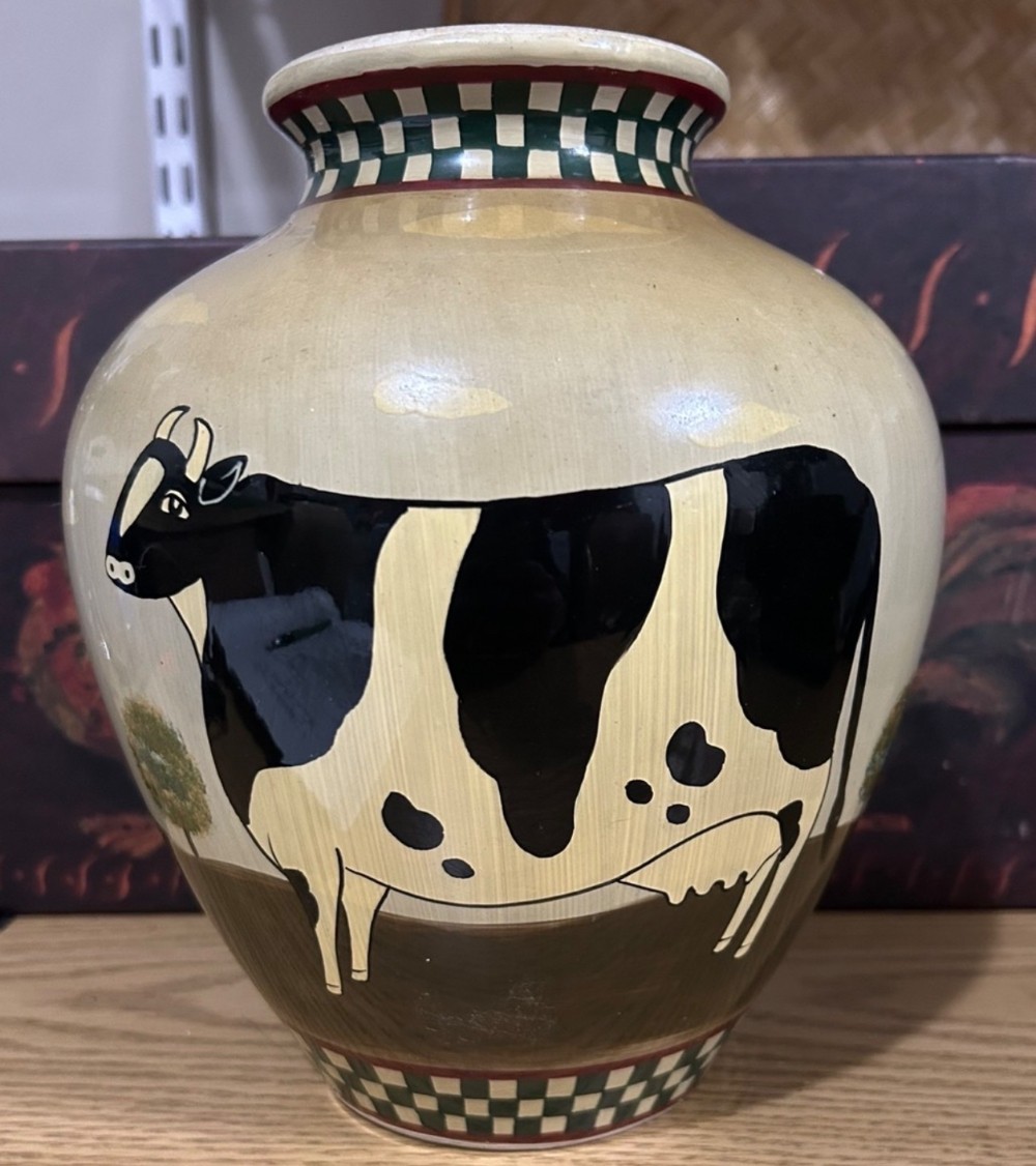 Hand painted ceramic cow vase. Farmhouse or country style