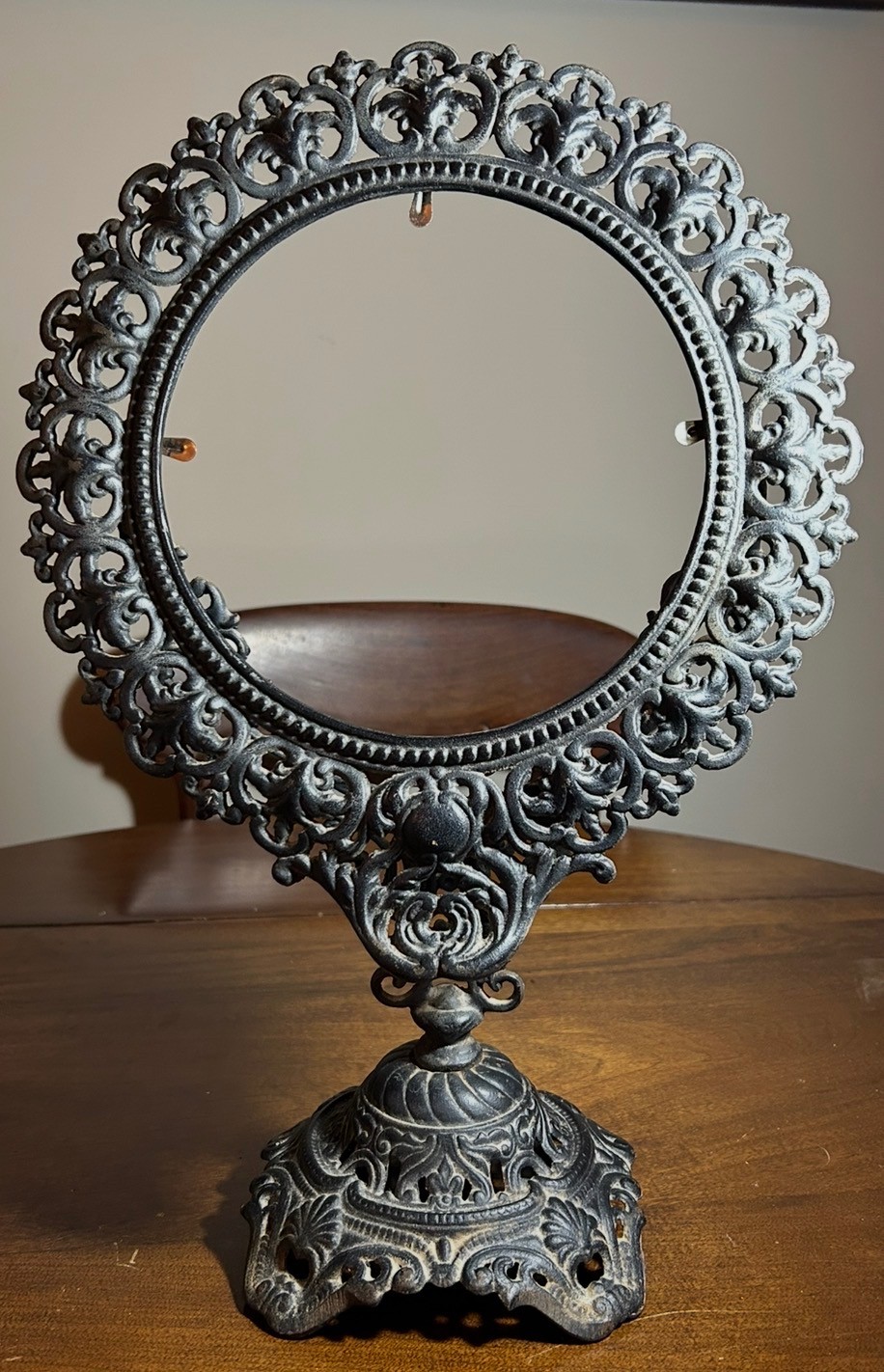 Antique ornate cast iron filigree table mirror from Victorian Era