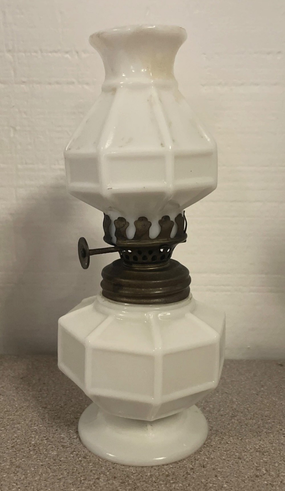 TT - 1880-1900 Milk Glass Mini Oil Lamp Mission Block Pattern
