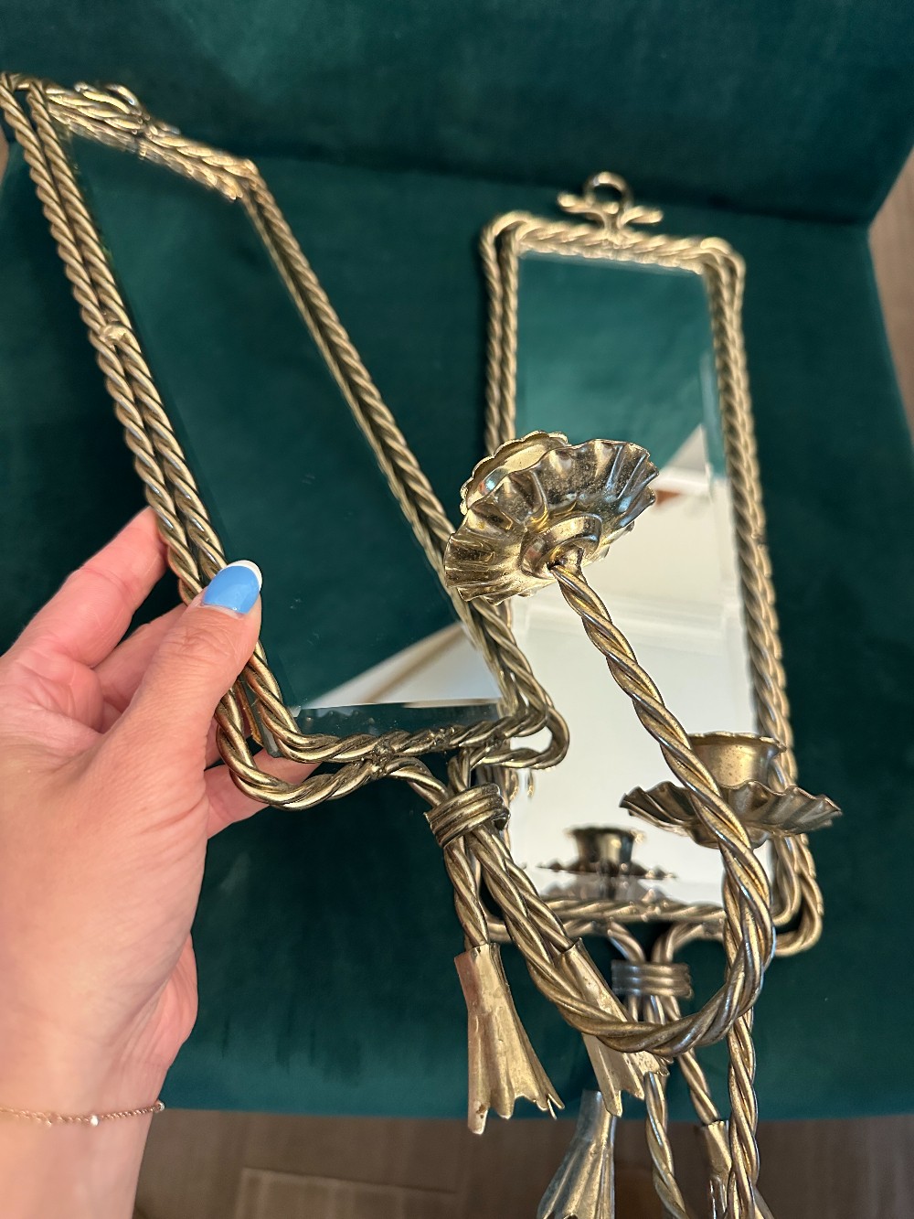 MB Vintage Mid-Century French Twisted Brass Mirrored Sconces Pair