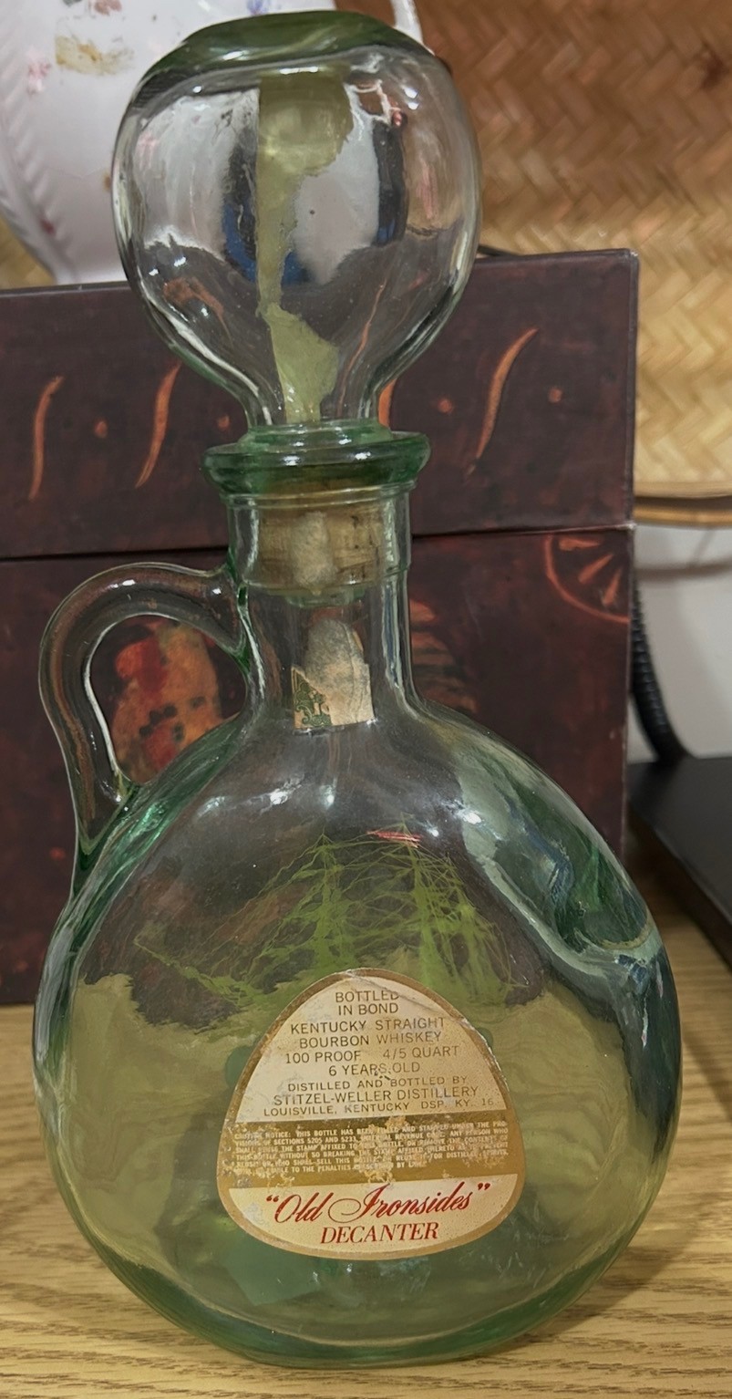 Vintage old Fitzgerald “Old Ironsides” green glass decanter