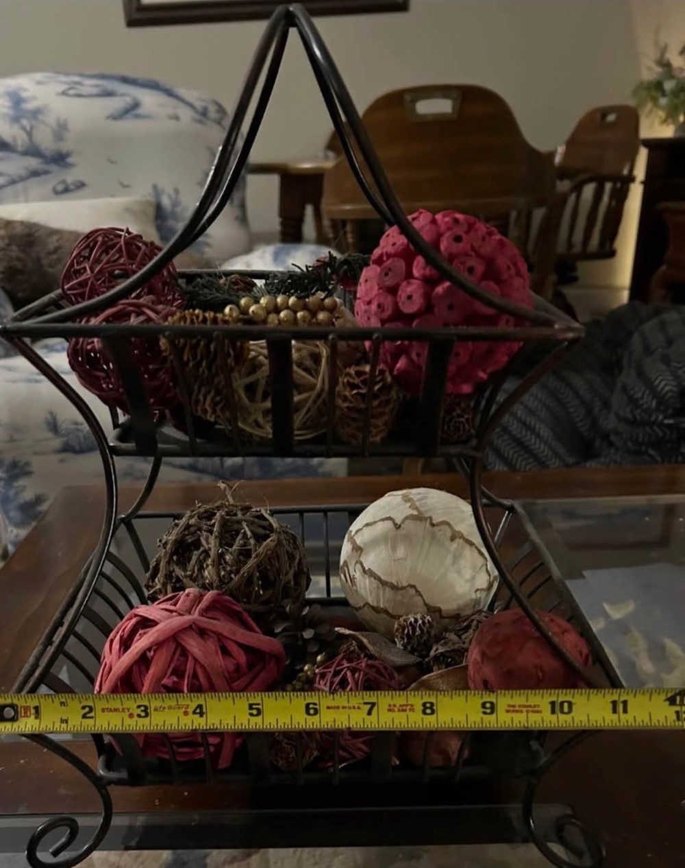 2 tier metal decorative basket with rattan balls