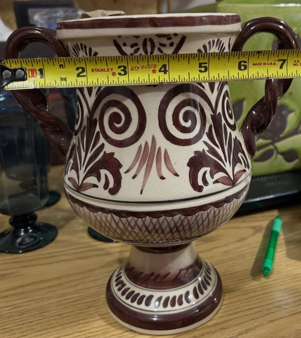 Cyprus Moses vase folk art with two handles cream and brown design