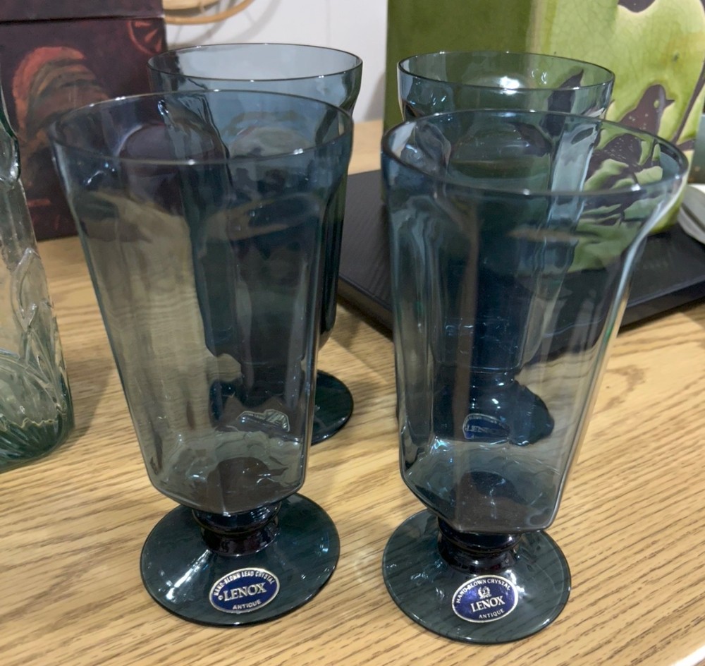 4 Lenox Antique dark blue hand blown lead crystal tea glasses