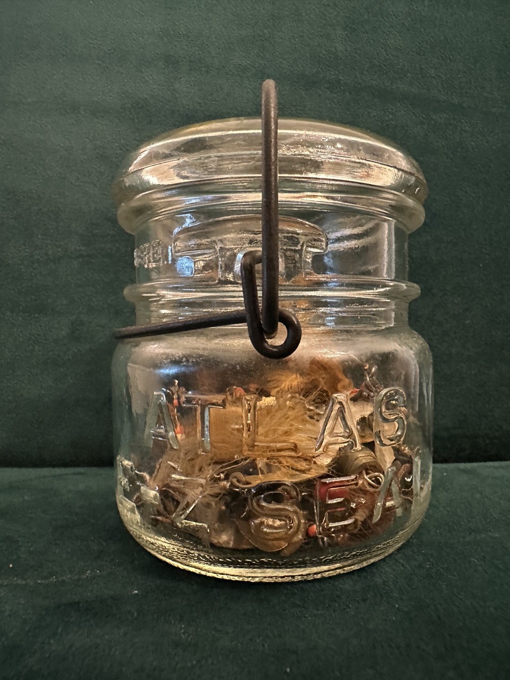MB Vintage Atlas Jar with 26 Crusty Fishing Lures