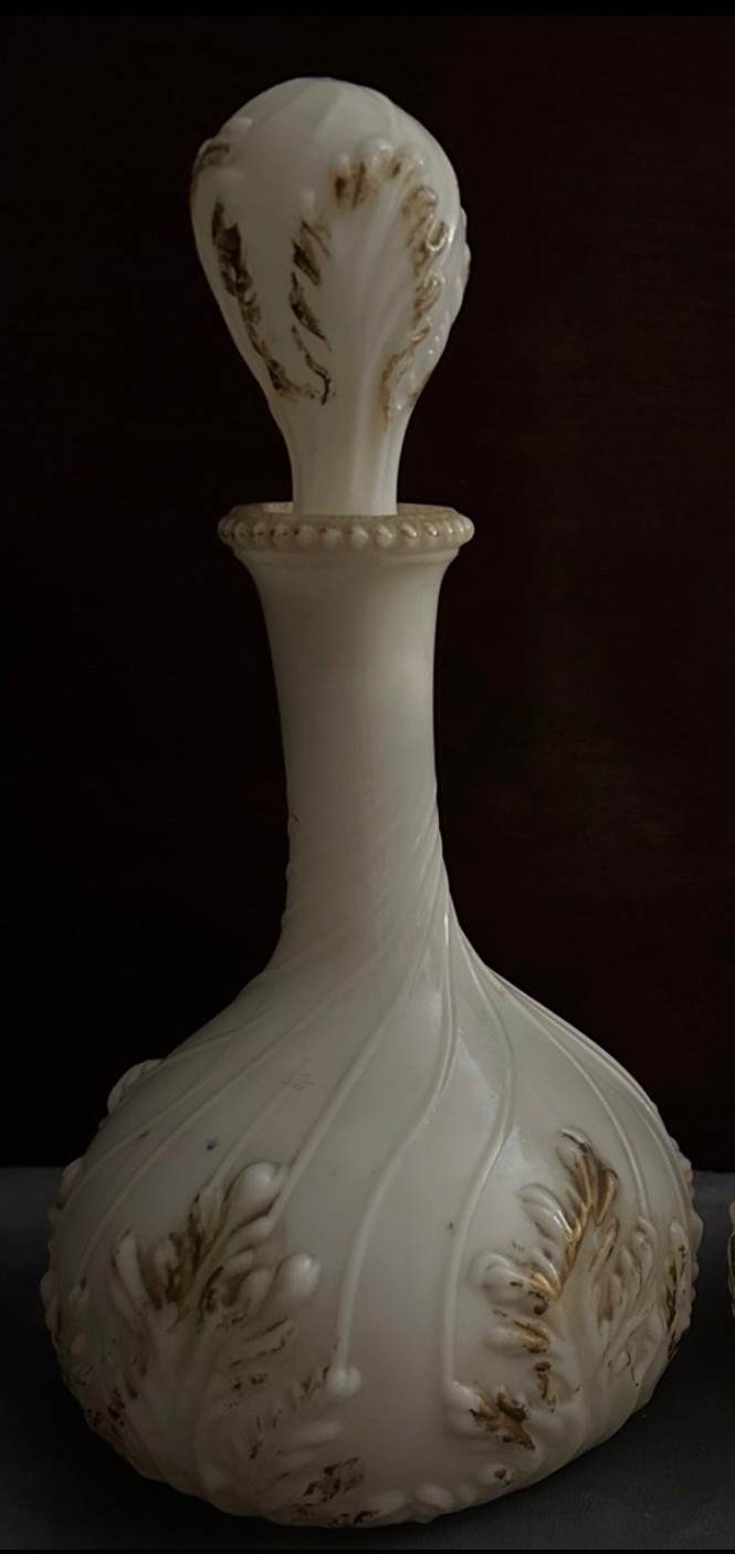 Antique Victorian milk glass decanter with gold accents with stopper