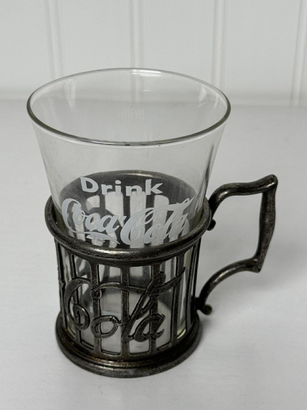 2677 - Vintage, 1970's Coca-Cola soda fountain syrup glass with etched logo and its original pewter holder