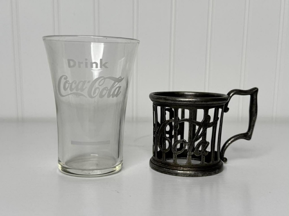 2677 - Vintage, 1970's Coca-Cola soda fountain syrup glass with etched logo and its original pewter holder