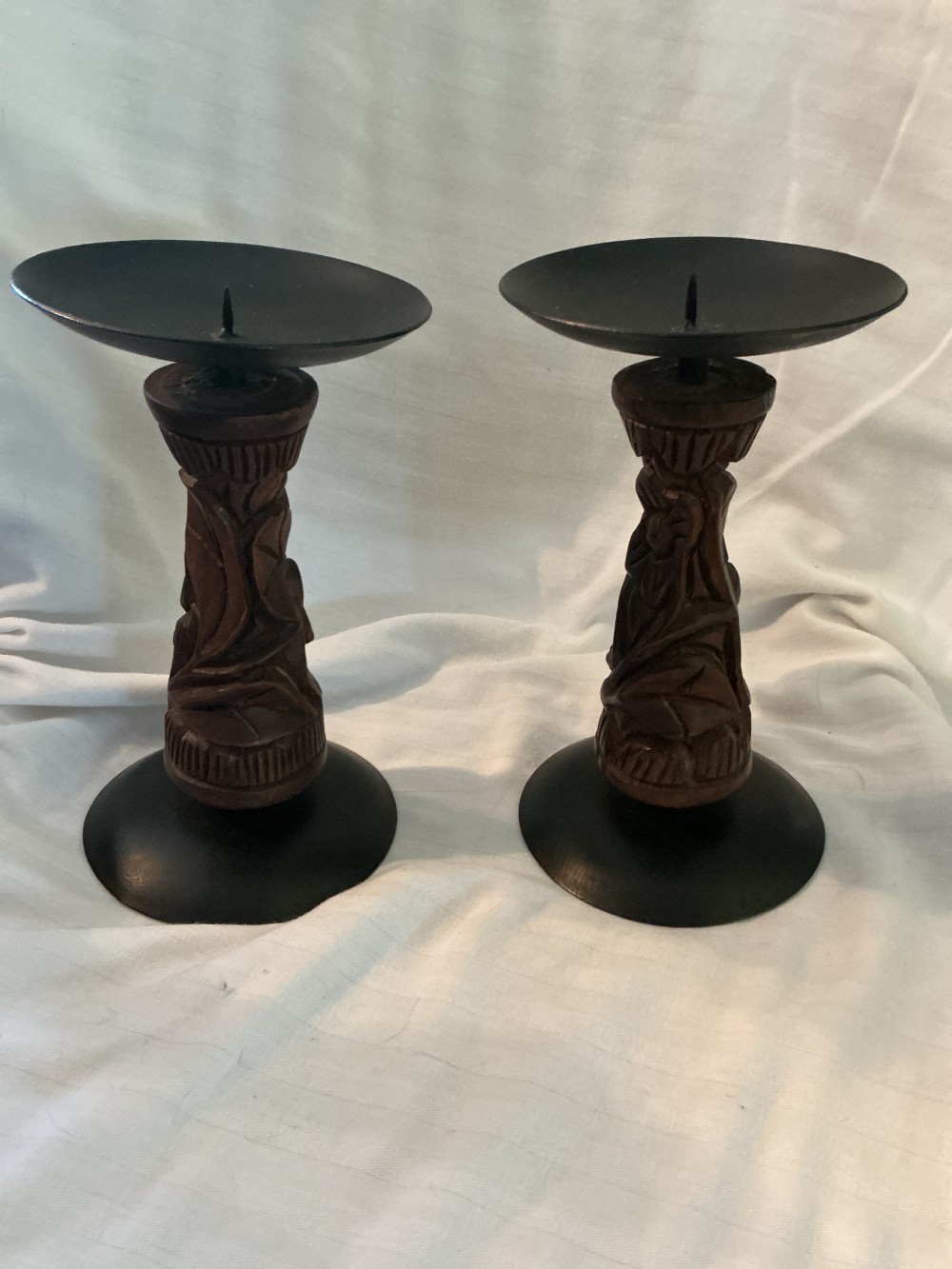 Carved Wood & Iron Pillar Candle Holders Haiti Set of 2