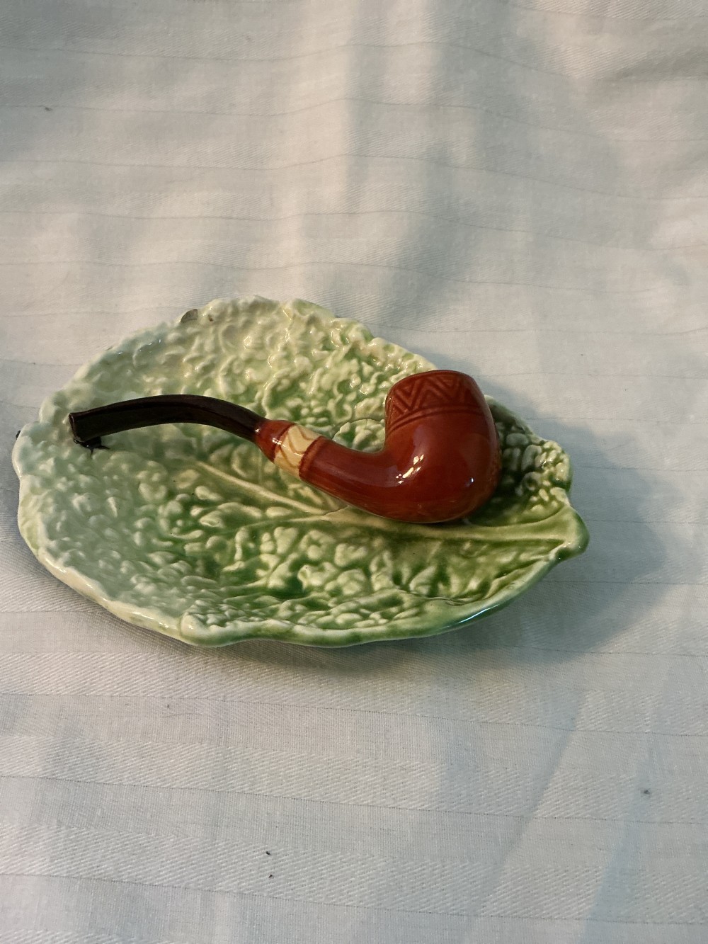 Majolica Cabbage Leaf Pipe Ashtray Match Holder
